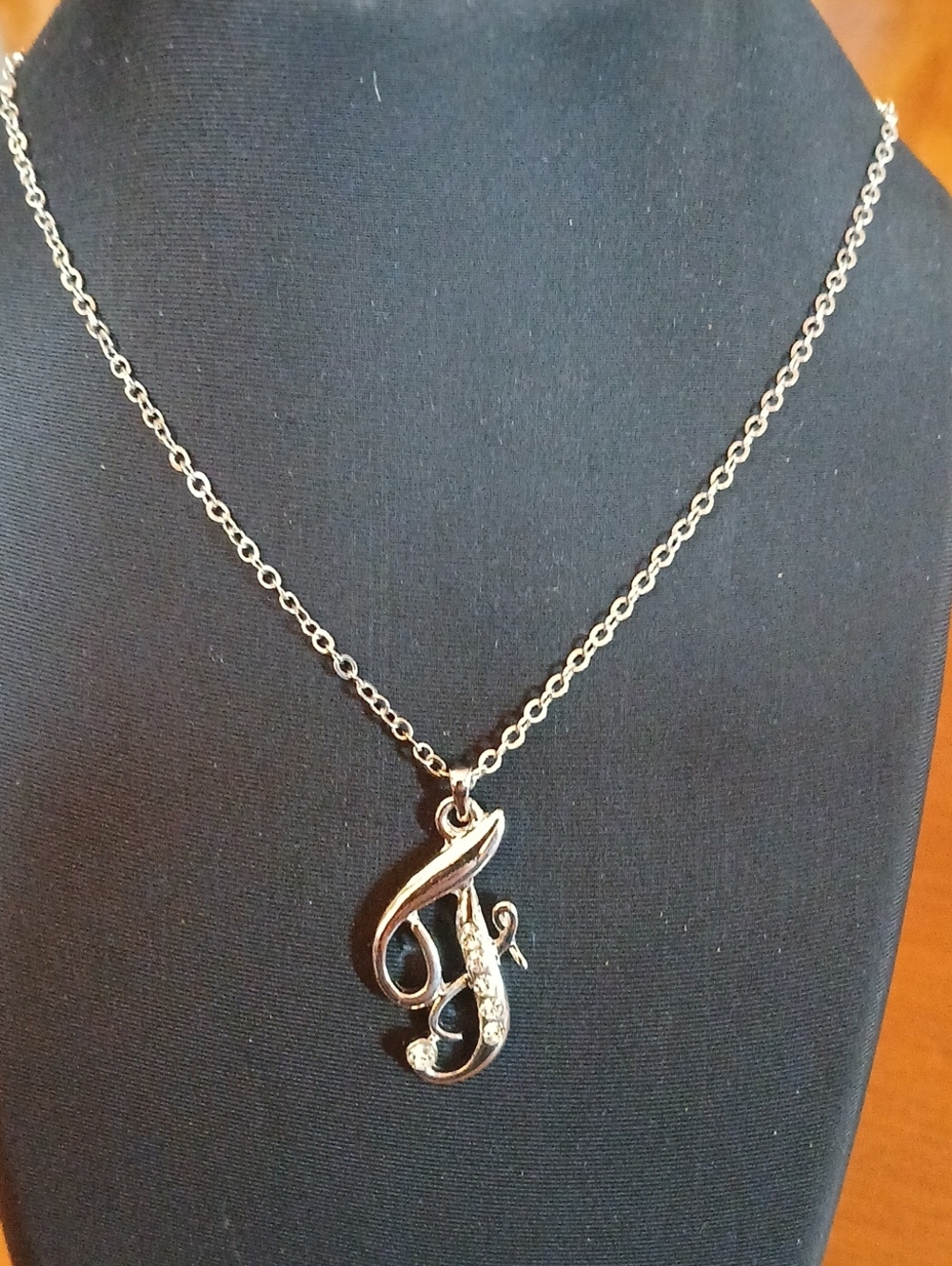 Silver Tone Letter 'F' Initial Pendant Necklace with Rhinestones 18"